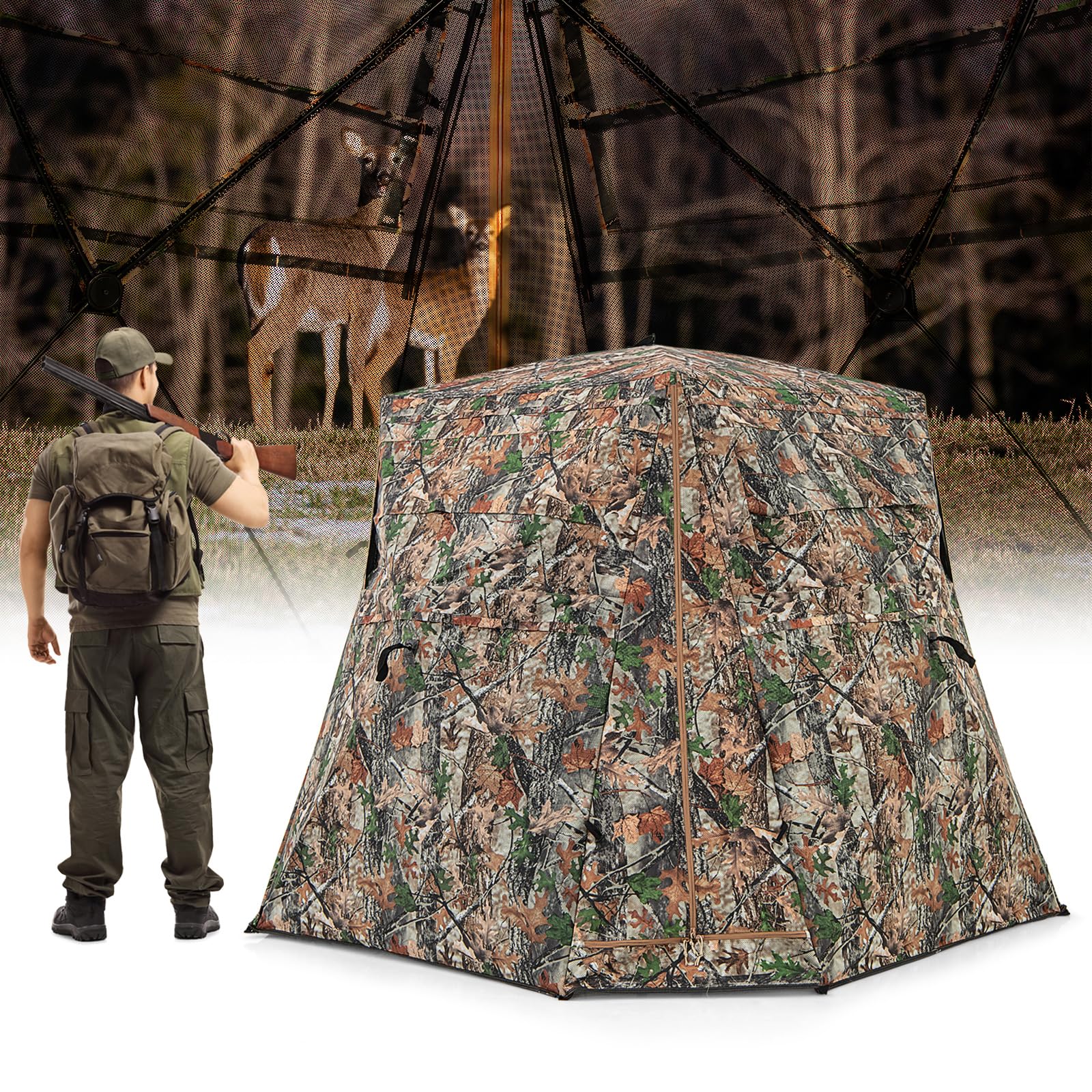 Tangkula 2-3 Person Hunting Blind, 360 Degree See Through Ground Blind with 4 Silent Slide Windows